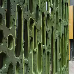 a stone wall covered in water droplets next to a bus