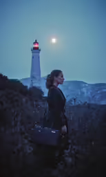 the woman is walking towards the lighthouse on a cold day