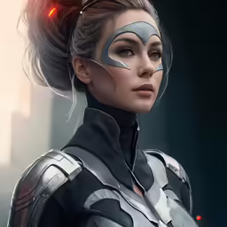 the character from mass alliance standing with her hair in a bun and sci weapons