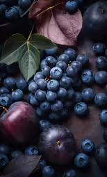 blueberries and apples laying beside a leaf on a table