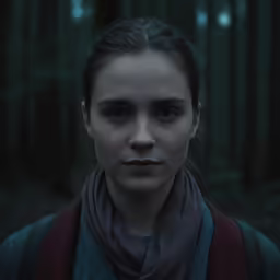 a woman in the woods with eyes opened