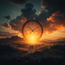 a couple standing in front of a clock in the middle of the sun