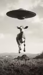 a cow is flying through the air next to a flying object
