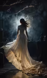 woman in flowing dress looking up at stage lighting