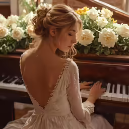 a woman sits at the piano while playing