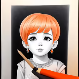 a girl with orange hair and piercings holding a pencil