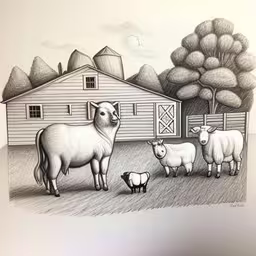 a drawing of a family of sheep with a barn and trees