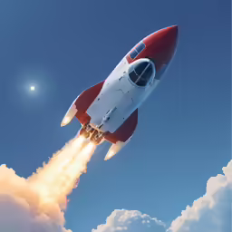 a red and white airplane is flying through the sky