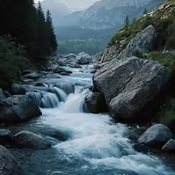 a view of a rocky mountain stream, with trees and mountains in the background