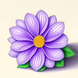 the painted flower is purple and yellow,a purple flower that is next to a pencil