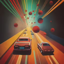 a painting of three cars driving on a highway with some balloons