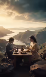 a couple of people that are sitting at a table