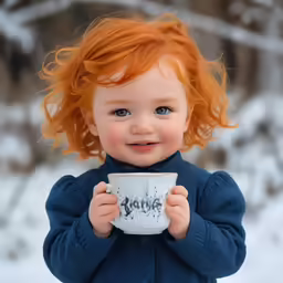 a young girl in winter attire holding up a cup