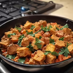 a black pan filled with food on top of a stove top