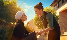 two women are talking and one is holding her hand