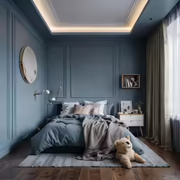 a bed that is sitting under a ceiling light
