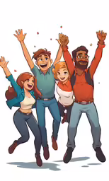 five happy friends are having fun together and jumping
