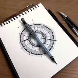 a pen and some pens laying on top of a drawing book,spiral notebook with pen on it and black and white image of an abstractal wheel,a pen is next to an drawing of a wheel,the drawing is on top of the book,a pen and some paper on top of a table