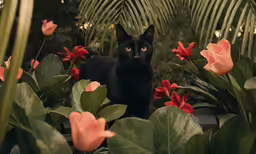 a black cat in the middle of some flowers