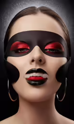 a woman with black and red makeup and a black mask