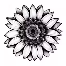 a drawing of a sunflower in black and white,an abstract drawing of a sunflower in black and white