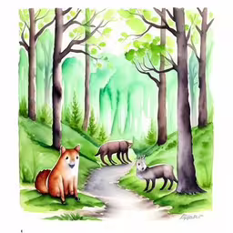 the four animal are walking on the path,three animals are walking on a path through a forest,painting of animals at a forest road, including bears and deer,a group of animals standing in the woods near trees,this is a watercolor painting of wildlife