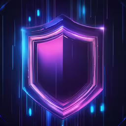 a glowing purple neon shield badge over a black background