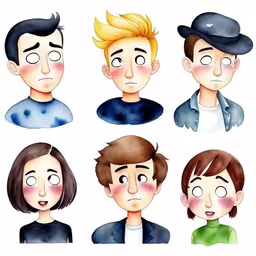 a set of four cartoon avatars one with a serious expression,the different styles of people who are frowning,four different faces of the same man with different haircuts,a drawing of several people with different facial expressions,a cartoon of six different people in different poses