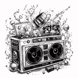 an old radio and its headphones in ink