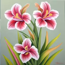 a painting of a three flowers on a gray background,painting of three pink flowers on a green background,a painting of pink flowers in a green vase,an oil painting of three flowers in a vase,pink flowers in a green vase with long stems