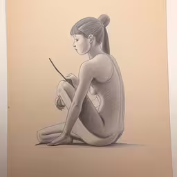 a drawing of a woman sitting down on the ground,a drawing of a woman sitting in the corner holding a knife