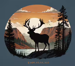 a deer standing next to some trees under a setting sun,deer in a field next to mountains at sunset