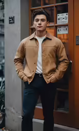 the young man is posing outside his door