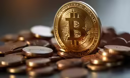 golden bitcoin symbol over piles of golden coins