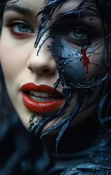 a girl with painted makeup and dark hair and nails on her face