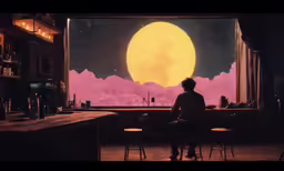 a man is sitting in front of an art piece of the night
