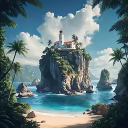 an island and a lighthouse sit on the side of the ocean