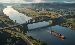 the large barge floats on the river and bridge