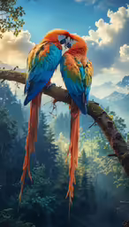 two parrots sitting on top of a tree branch kissing