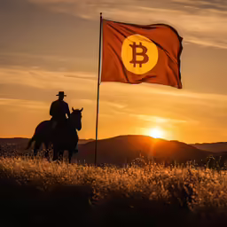 a man is riding his horse holding a bit flag