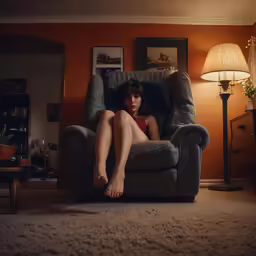 woman seated in chair with a pillow in room