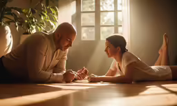 a man and a woman are laying on the floor and smiling