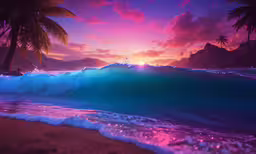 the beach with palm trees and a beautiful sunset,an ocean scene with sun rising over a crashing wave