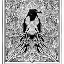 a large black and white bird on a page of paper