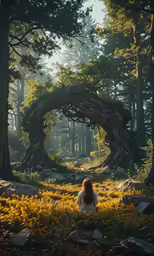 the young girl is sitting in a clearing of trees