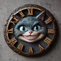 a round clock with a cat face drawn on the side of it