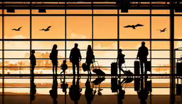 silhouettes of people walking through an airport with luggage,people are walking past an airport window at sunset