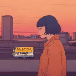 a young man is watching the sunset with an orange sweatshirt on,the boy looks down at a small yellow box in front of him