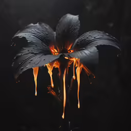 a black flower with yellow leaves and melted water drops