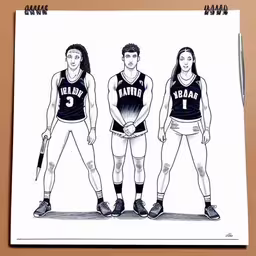 two girls and three guys in a drawing,this drawing is in black and white of three people wearing uniforms,the drawings are depicting basketball players and women,drawing of basketball players with names drawn on a poster,two drawings of the three basketball players, from the left to right person and person, and standing